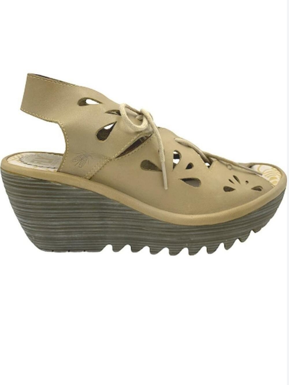 FLY London size 39 clomar 8 8.5 Tan Cutout Leather Lace-Up Wedge Sandals